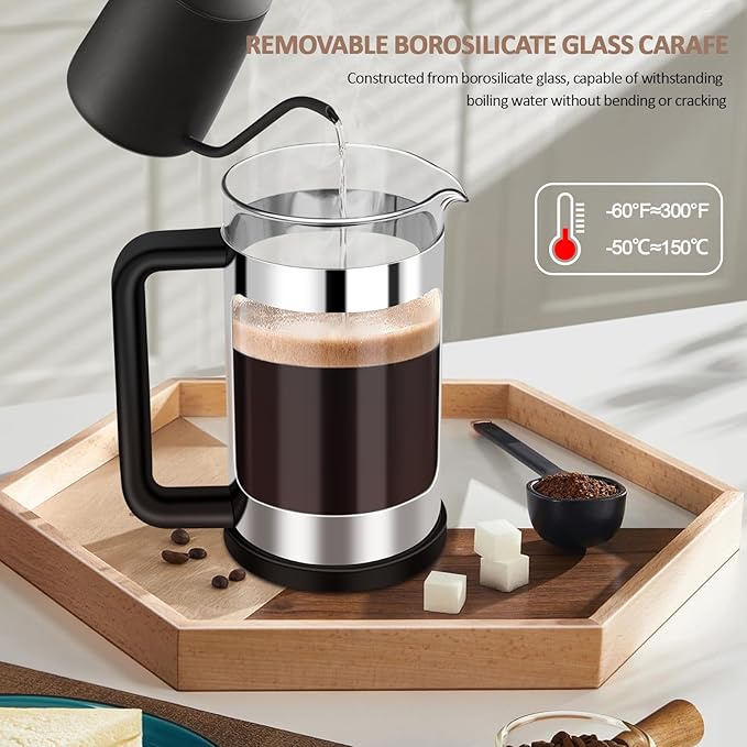 French Press Coffee Maker 12 Oz, Mini Coffee Press 1 Cup, Single Serve French Press, With 3 Filterations, Heat Resistant Thickness Borosilicate Glass, Coffee Brewer Tea Press