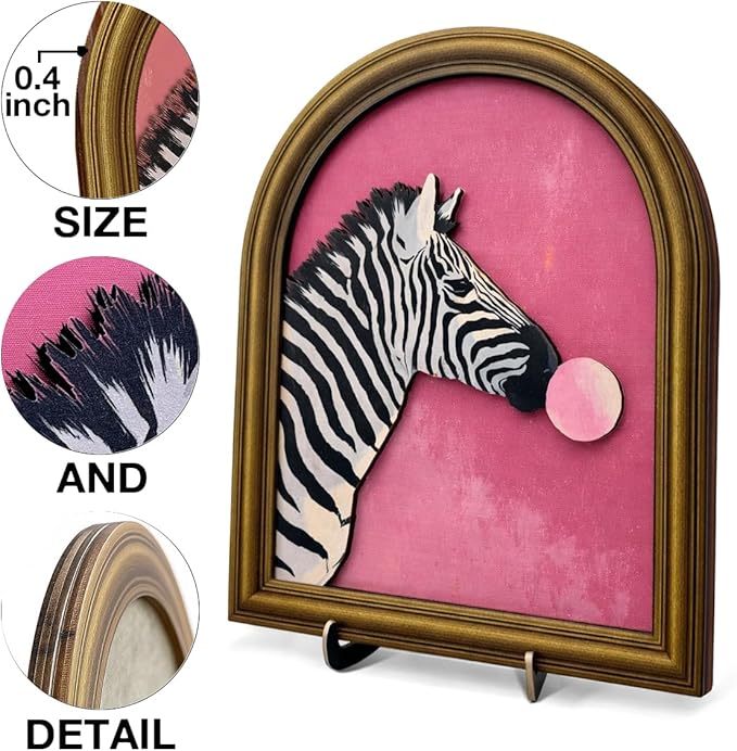 3D Funny Pink Zebra Table Decor Sign, Funky Zebra Bubble Gum Animal Wall Art Sign for Home Bedroom Living Room Desk Wall Shelf Decor 8x10 Inch