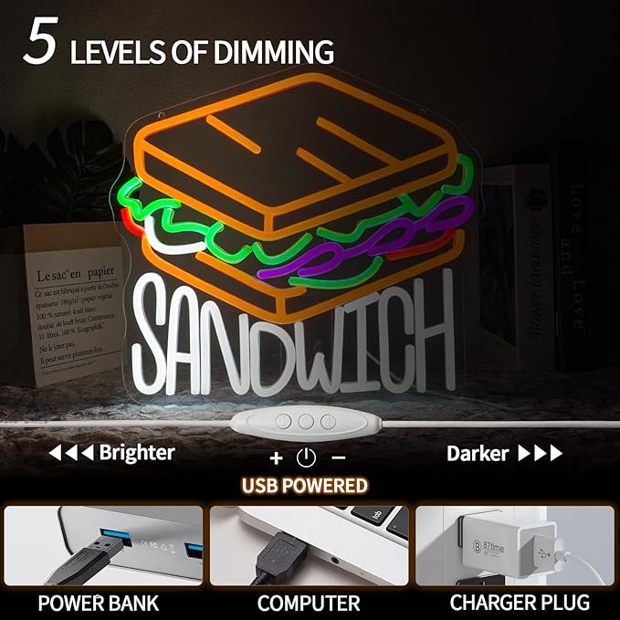 Sandwich Neon Sign Dimmable Food Neon Light Sign for Wall Decor Letters Snacks Led Signs for Home Kitchen Restaurant Store Fast Food Man Cave Bar Party Business Decor Gift 13.8" x 12.6"