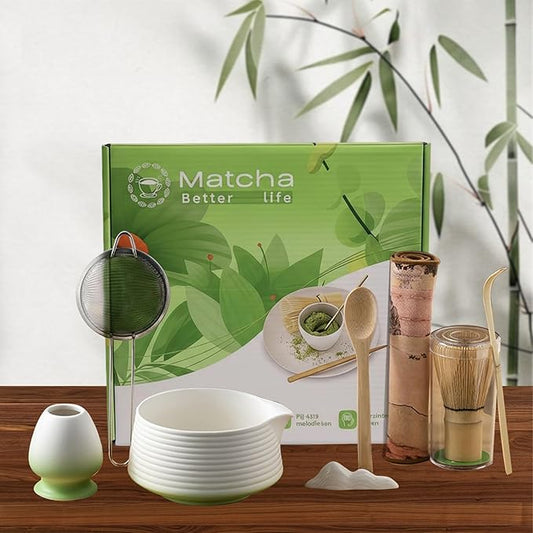 8 Pcs Matcha Whisk Set Chasen Matcha Whisk Bamboo Bowl with Spout Sifter Spoon Scoop Whisk Holder Bamboo Mat Complete Matcha Making Kit (Green)