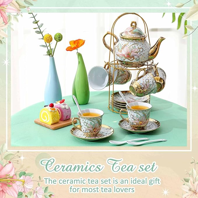 Zhehao 20 Pcs Porcelain Tea Set with Metal Holder and Spoon Adult Ceramic Tea Set European Flower Painting Teapot Cup Saucer Spoon for Women, Large Version(Traditional Style)