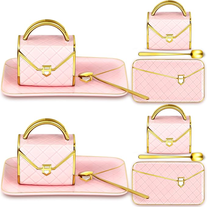 Zubebe 2 Sets Coffee Mug Elegant Handbag Shaped Cup Mother's Day Modern Ceramic Purse Mug with Spoon and Saucer, 10oz Cute Creative Tea Cup for Woman Girls Gift (Pink)