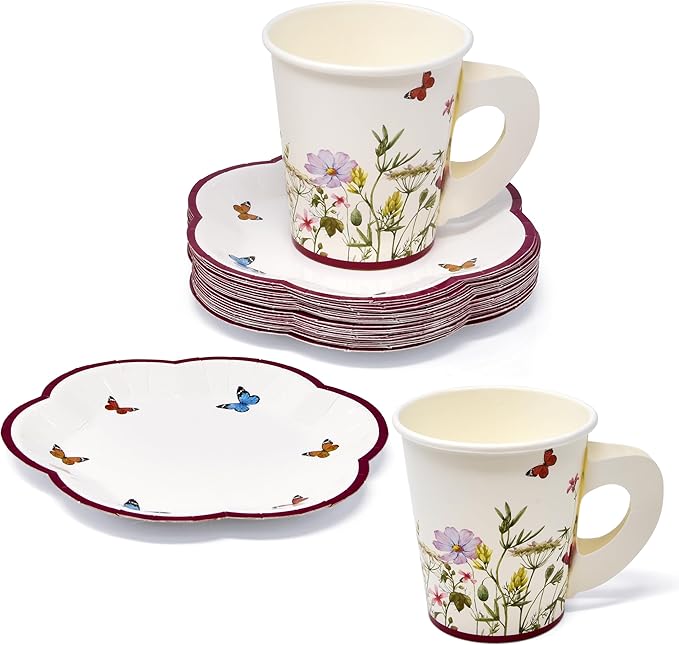 Gift Boutique 24 Tea Party Cups Disposable 5 Oz 24 Saucers Paper Plate Floral Wildflower Butterfly Teacup Set with Handles for Kids Girls Birthday