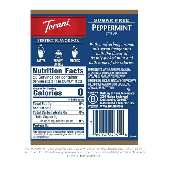 Torani Sugar Free Peppermint Flavored Drink Syrup, 25.4 fl oz (Pack of 4)