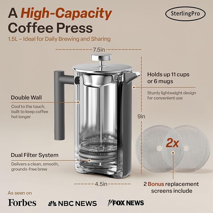 Stainless Steel French Press Coffee Maker 1.5 L (51 oz) Grey – Double Walled Insulated Large Coffee Press, Durable Design Keeps Drinks Hot, Easy to Use and Clean for Rich Flavor Brewing