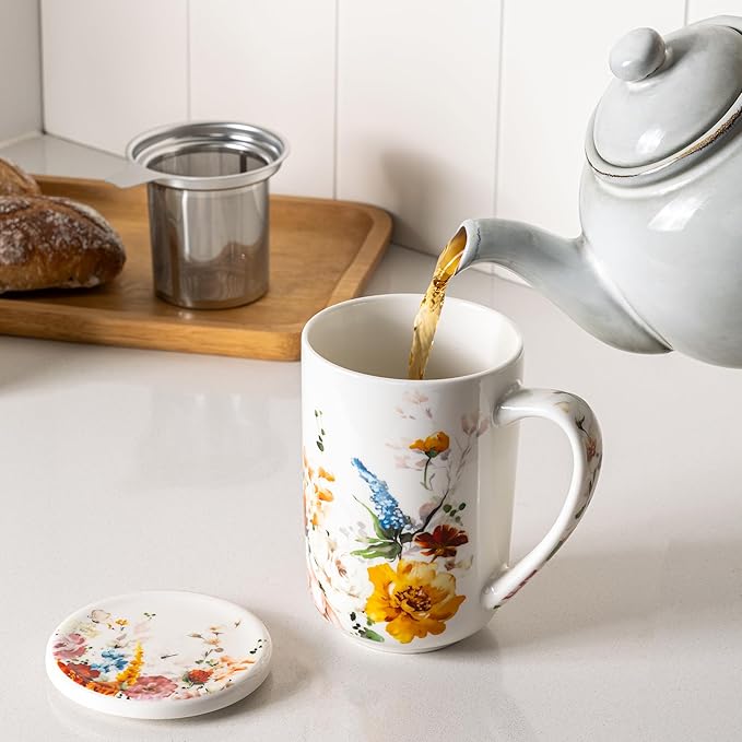 GBhome Tea Mug with Infuser and Lid, 18 Ounce Large Ceramic Loose Leaf Cup, Microwave, Dishwasher Safe, Perfect For Tea Lovers