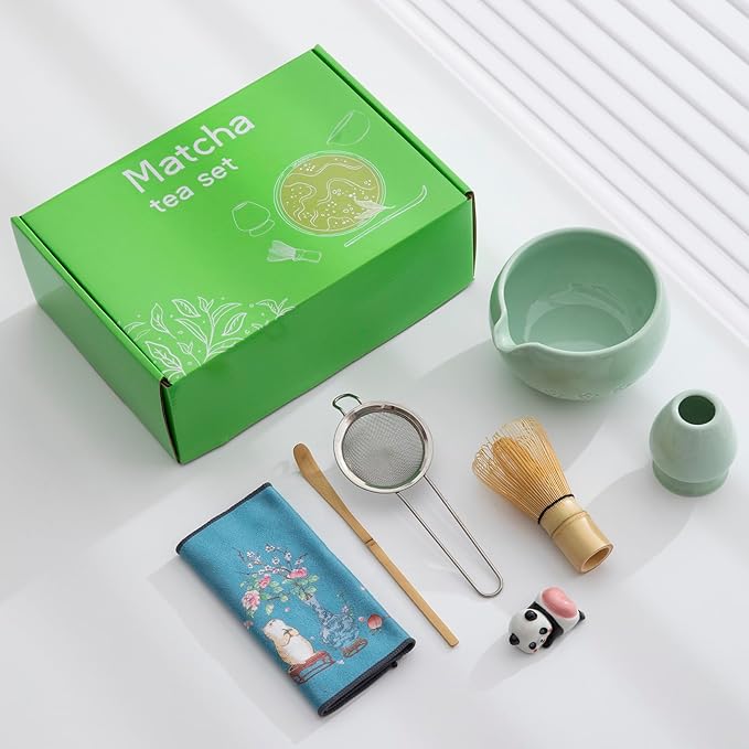 Matcha whisk set, matcha set, including bowl with spout, bamboo whisk, spoon, ceramic stand, stainless steel sieve, towel, perfect matcha starter set (green)