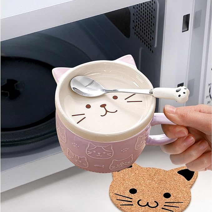 BigNoseDeer Cute Cat Mug Kawaii Tea Cup Purple Ceramic Coffee Mug with lid,Tea Cups and Saucers for Dessert Cute Gifts Cat Gifts for cat Lovers Christmas gifts 10oz(Purple)