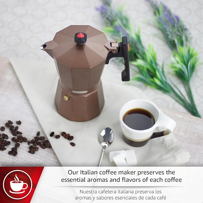 Magefesa Colombia Brown Stovetop Espresso Moka Pot, 6-Cup/10 oz, Italian Coffee Maker for Cuban Coffee, Extra-Thick Aluminum, Heat-Resistant Handle, Safe & Easy-to-Use, Greca Coffee Maker