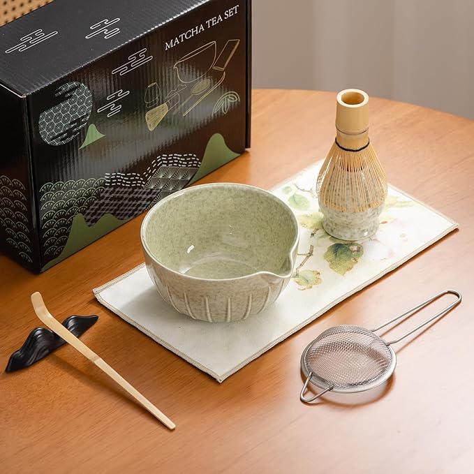 Matcha Whisk Set - 7PCS matcha kit ，Matcha Bowl with Spout, Bamboo Whisk with Ceramic Holder, Macha Scoop and Sifter, Matcha Kit for Ceremony, Gift for Matcha Lovers Green matcha set