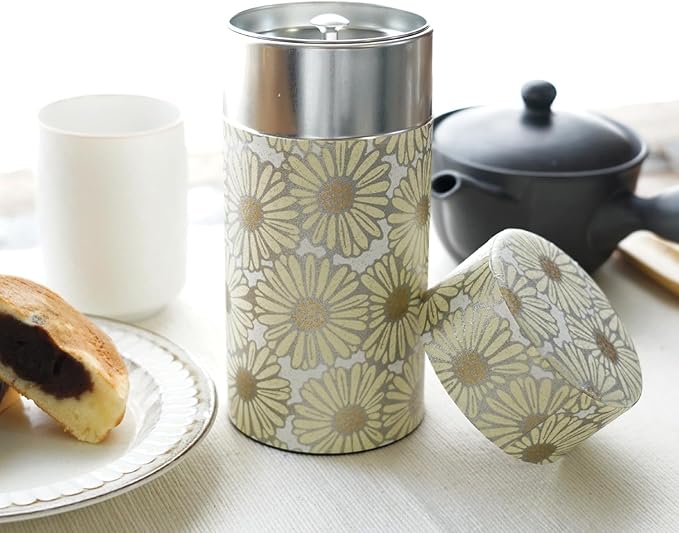 Kyoto Floral Tin Tea Canister - 7 oz Traditional Japanese Yuzen Paper Design, Airtight Storage for Fresh Tea Leaves, Ideal for Tea Ceremony Accessories Collection (Beige)