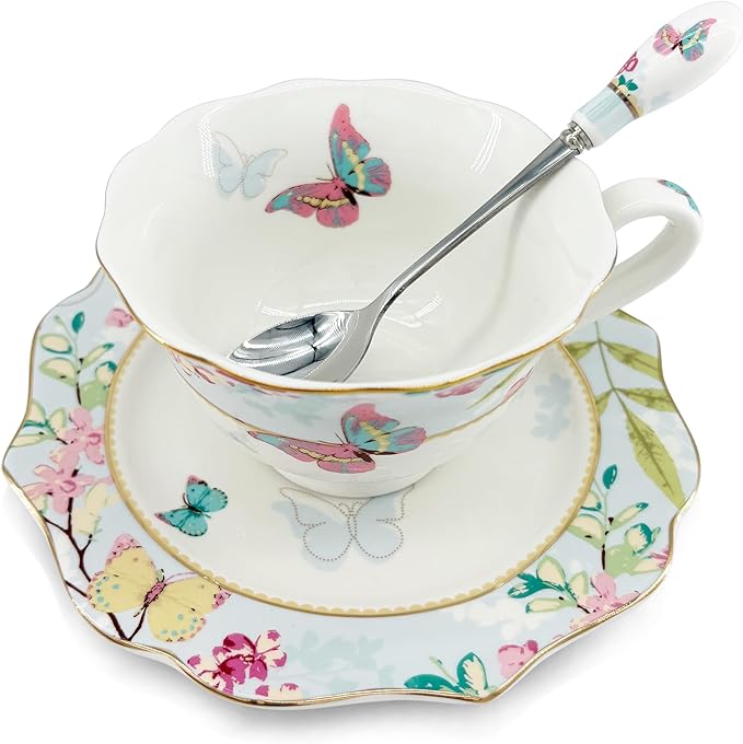 Vintage Ceramic Teacup, Elegant Coffee Cup, Royal Bone Tea Cups with Spoon and Saucer Set (Blue)