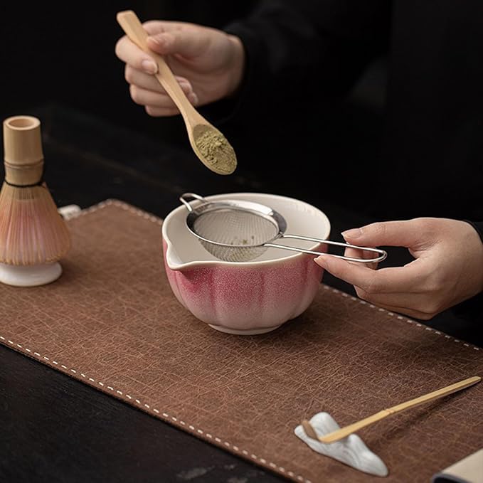 Matcha Whisk Set, Matcha Bowl with Spout, Whisk, Chasen Holder, Bamboo Scoop - 4 Pcs Perfect Kits for Matcha Lover and Tea Ceremony（Pink）