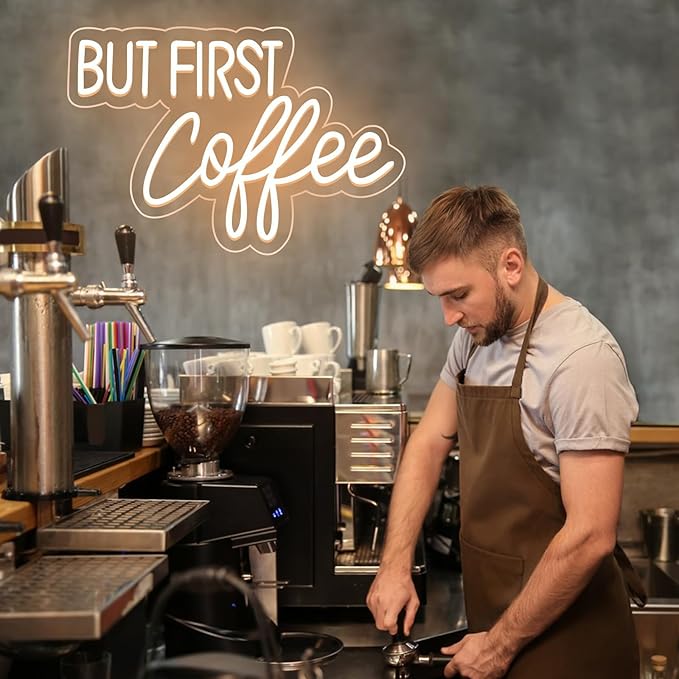 BUT FIRST Coffee Neon Sign - Adjustable Brightness LED Coffee Bar Sign for Cafe Shops, Home Bars, and Bedroom Decor, Modern Cafe Bar USB Powered