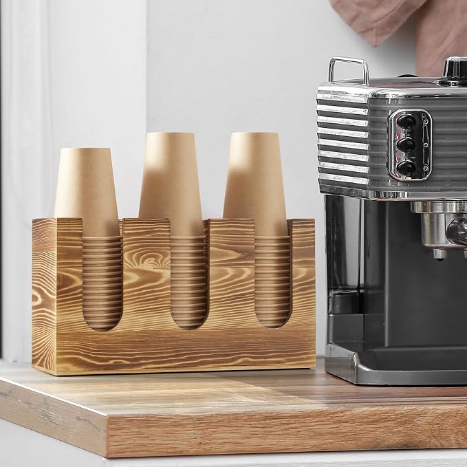 Wooden Coffee Cup and Lid Organizer for Countertop, 3 Compartments Cup Holder Dispenser, Fits 16–24 oz Disposable Cups, Coffee Bar Cup Organizer, Breakroom Kitchen Counter Cup Holder - Image 7