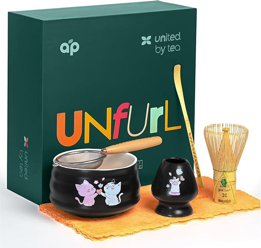 Matcha Gift Set 6 Pcs – Ceramic Bowl, Bamboo Whisk, Whisk Holder, Scoop, Sifter & Cloth – Traditional Japanese Set for Green Tea by Aprika Matcha (Black with Cats)