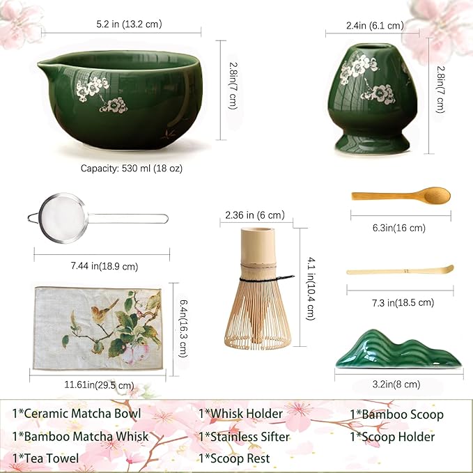 Matcha Whisk Set,8 Pcs Ceramic Matcha Set for Ceremony,Matcha Whisk kit with Bowl,Bamboo Whisk and Holder,Scoop,Sifter,Gift for Matcha Lovers Family and Friend Green