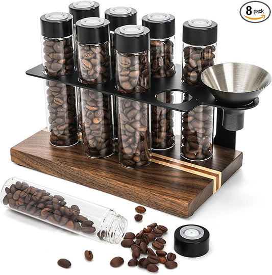 AVLA 8 Pack 2 OZ Coffee Bean Cellar Tubes, Single Dose Coffee Beans Storage with One-Way Exhaust Valve, Glass Espresso Beans Container, Dosing Vials with Wooden Stand Hopper for Coffee Lover, 20-22g