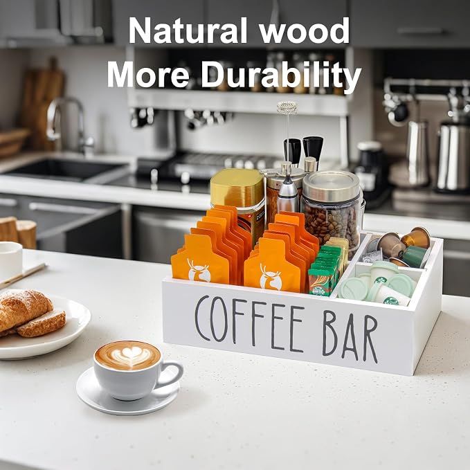 Coffee Station Organizer with Removable Dividers Disposable Cup Holder Wooden Countertop Organizer for Tea Condiment Accessories Storage Farmhouse Bar Decor Black (White) - Image 2