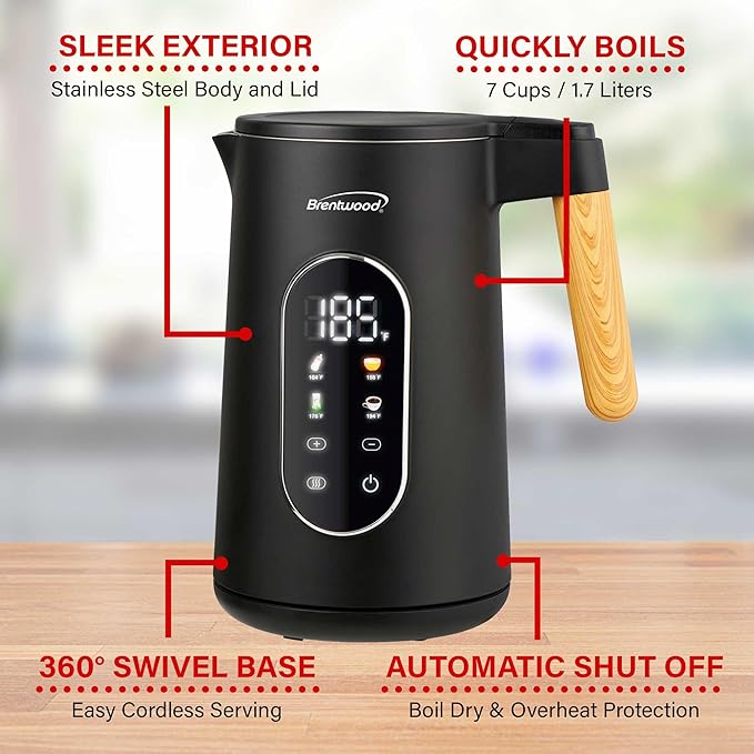 Brentwood 1100W 1.7L Cordless Cool Touch Digital Kettle with Stainless Steel Interior, Temperature Control with 4 Presets, 360° Base, Auto Shut-Off, Keep Warm, & Boil Dry Protection (Black, 1.7L)