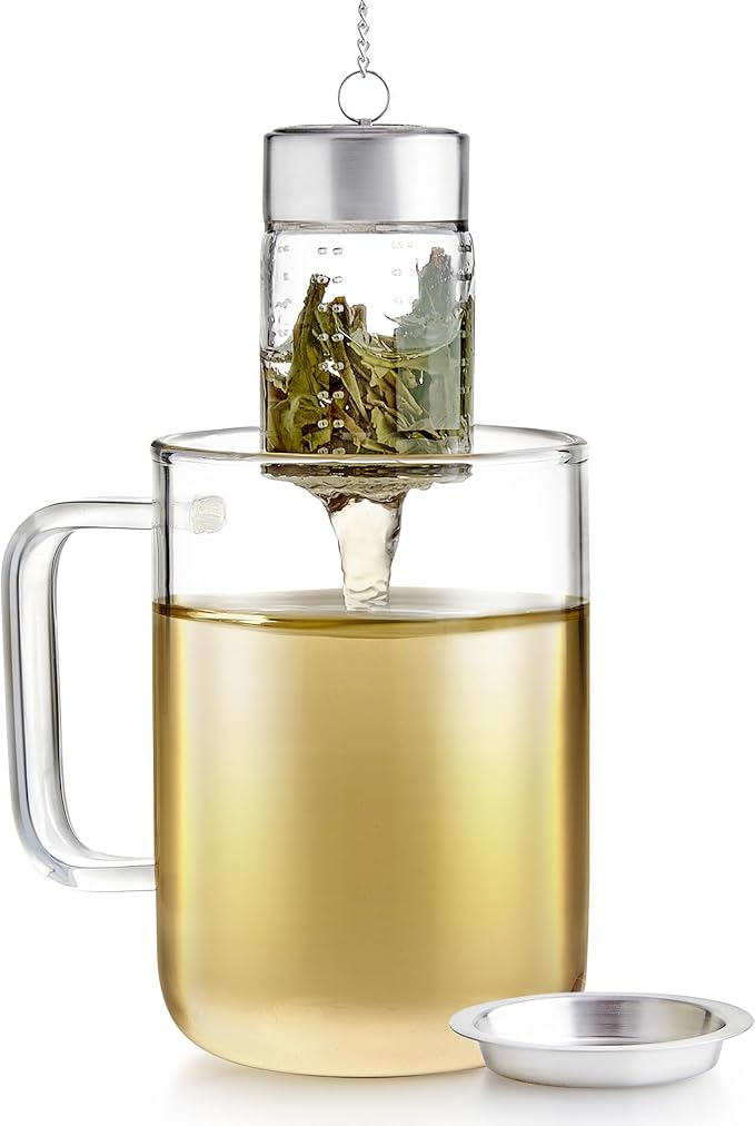 Teabloom Elegant Glass Tea Infuser – Patent-Pending, Lead-Free & Non-Toxic, Designed for Whole Loose-Leaf White, Green, Oolong, Black & Herbal Teas – Small or Large