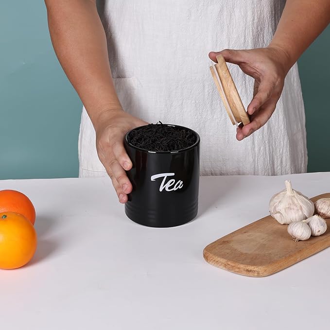LEETOYI Porcelain Food Storage Containers with Lid, 4.5 Inch 31oz, Black Labeled Tea
