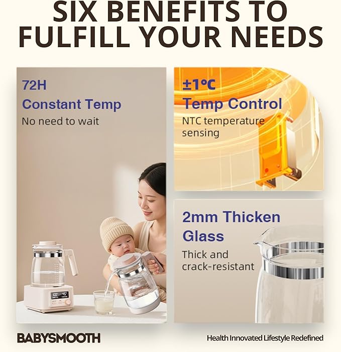 Babysmooth Smart Kettle Pro Glass Electric Kettle, 1.3L Digital LED Kettle with 40-100°C Temperature Control, 72H Auto Keep Warm, Silent Operation, BPA-Free for Baby Formula, Tea & Coffee Brewing
