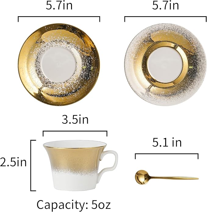 Tea Cups and Saucers Set of 2 with Gold Spoon, Ceramic Coffee Cups with Matching Plates, Handcrafted Gold & Silver Glaze, Luxury Cup & Saucer Gift Set with Box, 5oz