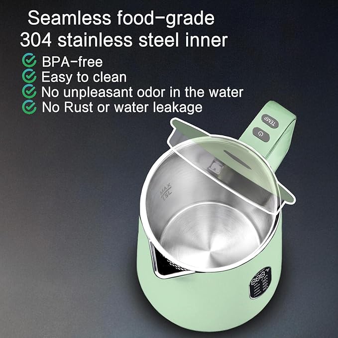 1.5L Electric Kettle Stainless Steel Double Wall Cold Touch Tea Kettle, Quick Boil, 5 Temperature Control, LED Display, Auto Shutoff, Warm Function, Green