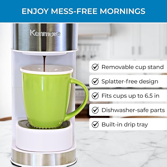 Kenmore Single Serve Coffee Maker – 6–14 Oz Brew Sizes, Compatible with Keurig K‑Cup Pods & Ground Coffee, One Cup Brewer, Travel Mug Friendly, Auto Shut‑Off, Hot & Iced maquina de cafe, White