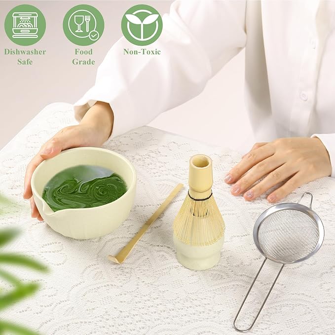 Matcha Whisk Set, Matcha Bowl with Spout, Matcha Whisk & Holder, Stainless Sifter and Bamboo Scoop, Complete Matcha kit Gift for Matcha Lovers & Starter