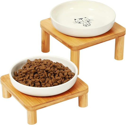 Elevated Cat Bowls for Indoor Cats – Raised Bamboo Cat Bowl Stand with 5.75 Inch Wide Ceramic Dishes, Pet Food Plate Table for Easy Feeding, Whisker Friendly(White,Set of 2)