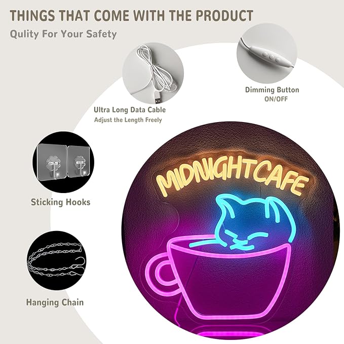 Coffee Neon Sign for Wall Decor Cat Neon Light Midnight Cafe Led Neon Signs Colorful LED Neon Lights for Coffee Shop Dessert Shop Bakery Cafe Dcoration
