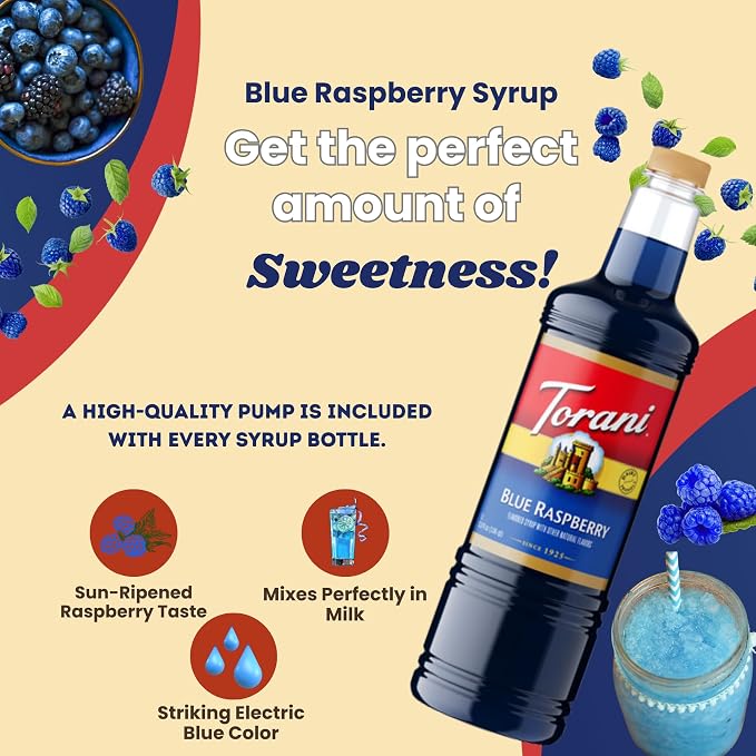 Torani Blue Raspberry Syrup 1 Liter Bottle with Pump Dispenser – Flavored Syrup with Pure Cane Sugar & Natural Ingredients – Perfect for Snow Cones, Shakes, Cocktails & Desserts - Image 7