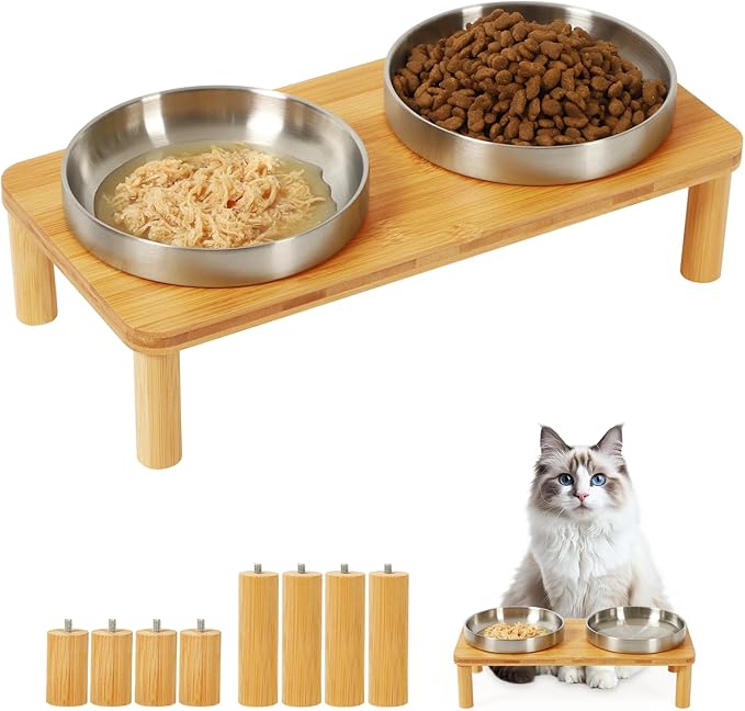 Elevated Cat Bowls for Indoor Cats – Raised Bamboo Cat Food Table with 2 Stainless Steel Dishes, Adjustable Height (4.25"/3.07"), Whisker Friendly Feeding Station