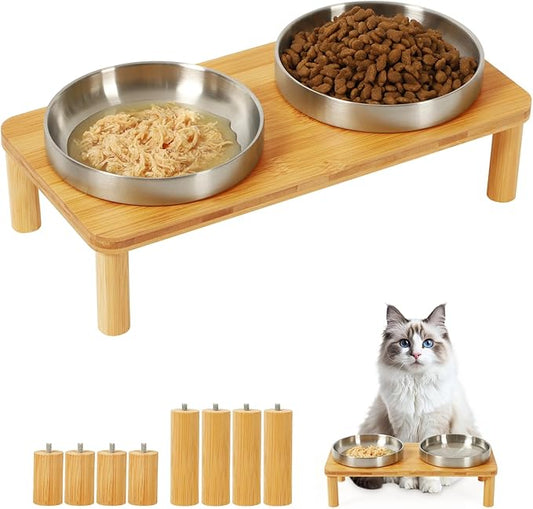 Elevated Cat Bowls for Indoor Cats – Raised Bamboo Cat Food Table with 2 Stainless Steel Dishes, Adjustable Height (4.25"/3.07"), Whisker Friendly Feeding Station