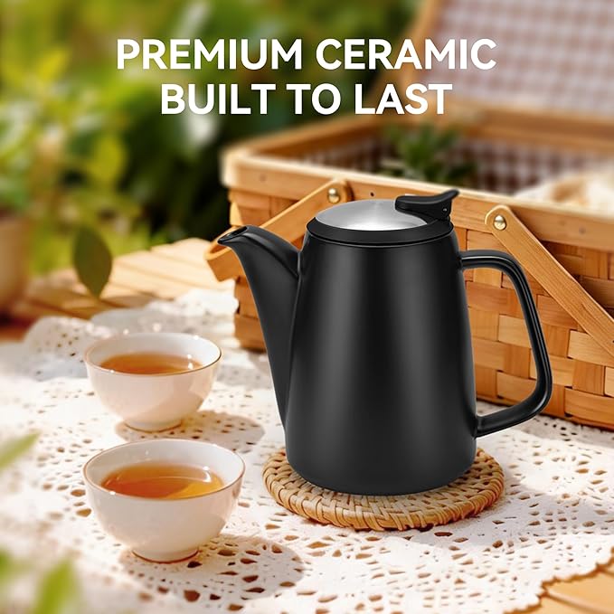 Ceramic Teapot with Infuser, 32 oz Loose Leaf Tea Pot Ceramic with Removable Stainless Steel Infuser, Mess-Free Loose Tea Diffusers, Ideal for Tea Steeper (Black)