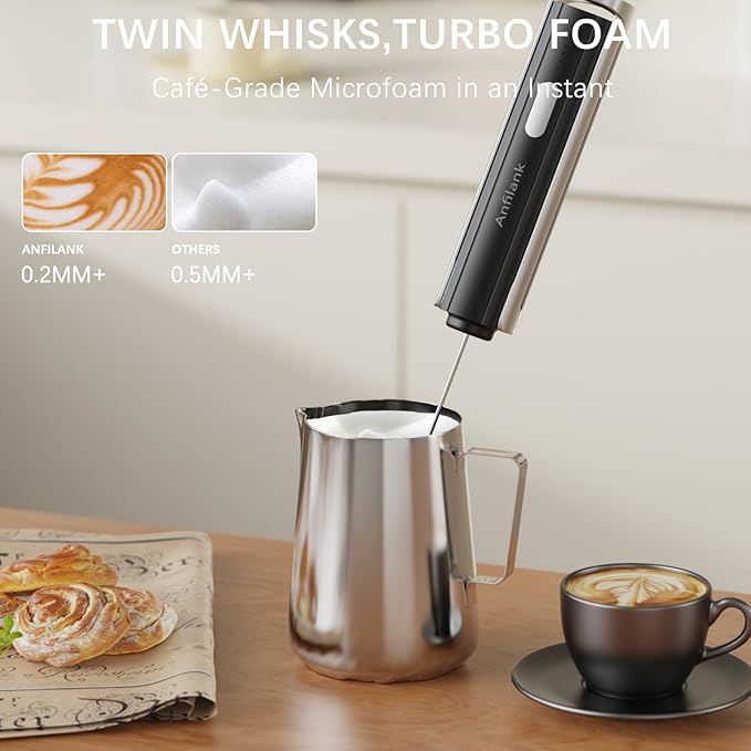Handheld Milk Frother Wand with Folding Stand, Rechargeable Electric Whisk with 3 Speeds & 3 Stainless Heads, Milk Foam Maker with Stand for Latte, Cappuccino, Hot Chocolate, Egg