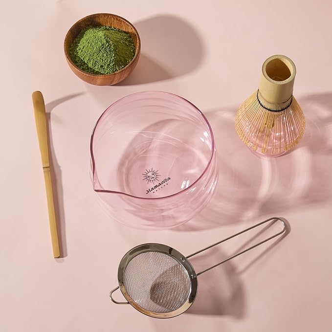 Matcha Whisk Set, 5-Piece Matcha Bowl and Whisk Kit with Bamboo Scoop, Glass Matcha Bowl, Holder, and Sieve – Handmade Borosilicate Glass (Rose Petal Pink)