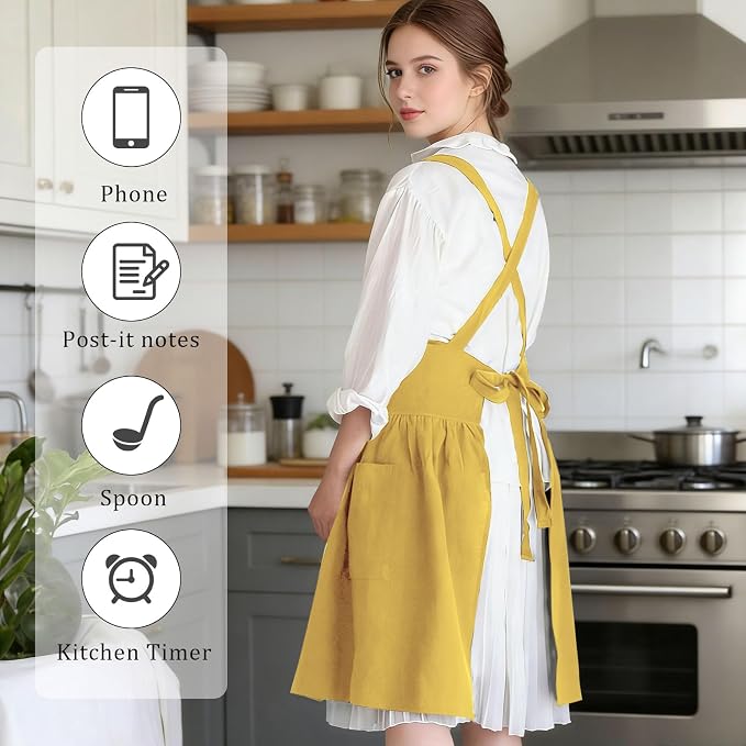 Cotton Linen Cross Back pinafore Apron Dress for Women with Pockets for Cooking Cleaning - Crossback Apron - Yellow - with Waist Ties - Image 6