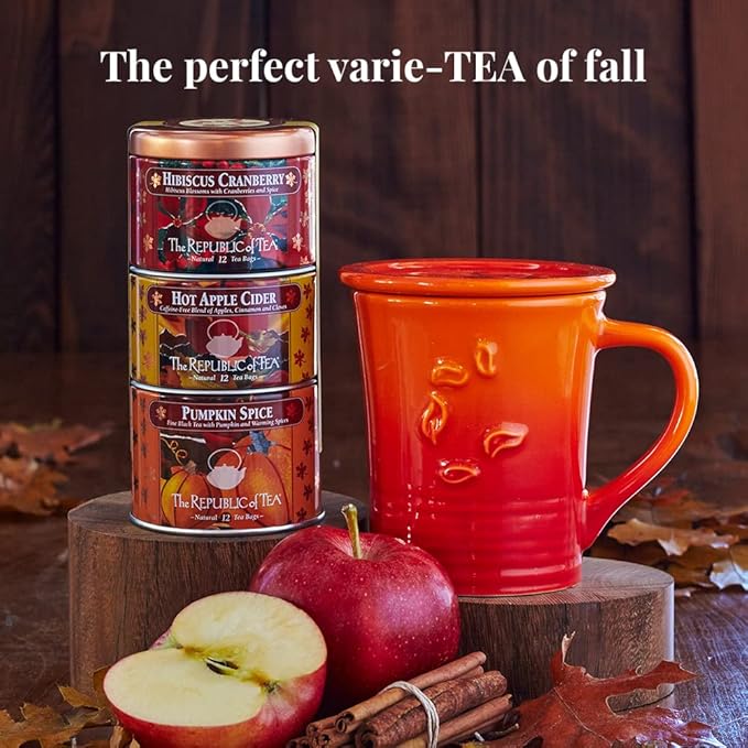 The Republic of Tea – Harvest Stackable Tea Tin, 36 Tea Bags, Hibiscus Cranberry Herb, Hot Apple Cider Herb, and Pumpkin Spice Black, Gluten Free
