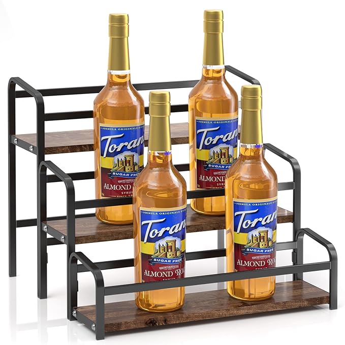 Coffee Syrup Rack,12 Bottle Capacity,3 Tier Coffee Bar Organizer,Kitchen Wine Rack,Coffee Station for Syrup, Wine Stand Shelf,Coffee Bar Accessories (Dark Brown Wood, Black)