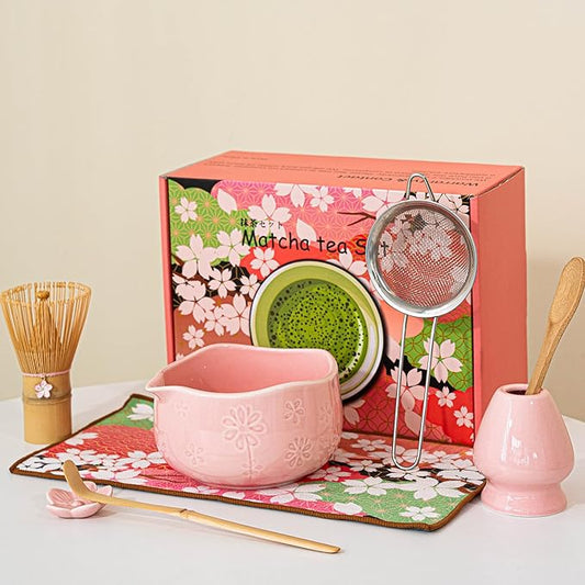 8 Pcs Matcha Set - Flower-shaped Matcha Bowl | Handcrafted Whisk and Holder | Bamboo Scoop and Spoon | Scoop Rest | Sifter and Tea Towel - Pink Matcha Set with Cherry Blossom Carved Patterns