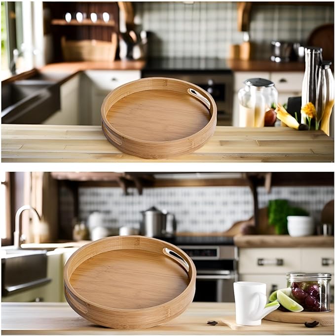 RHBLME 2 Pack Round Wood Tray - 12 Inch & 14 Inch, Handles, Decorative Ottoman Bamboo Serve Tray for Food, Cocktail, Drink
