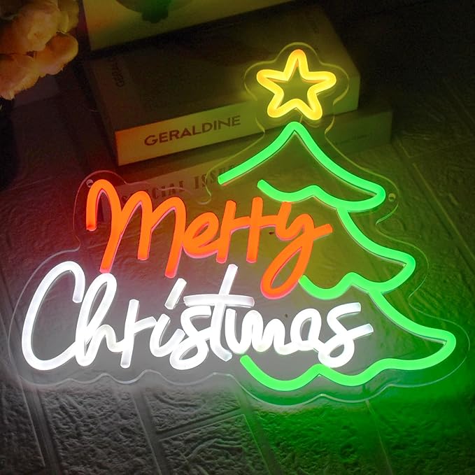 Merry Christmas Neon Sign for Wall Decor, Dimmable Christmas Tree Neon Signs LED Light up Sign with USB Powered for Bar Man Cave Club Party Room Shop Window Bedroom Decor Gifts