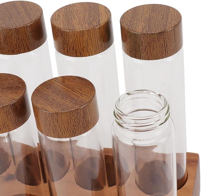 Fockety Coffee Bean Storage Tubes Single Dose, 6PCS or 12PCS Coffee Bean Cellar, Dosing Glass Vials with Lids, Wooden Display Stand and Funnel, Airtight Sealed Glass Canister Jars Tubes