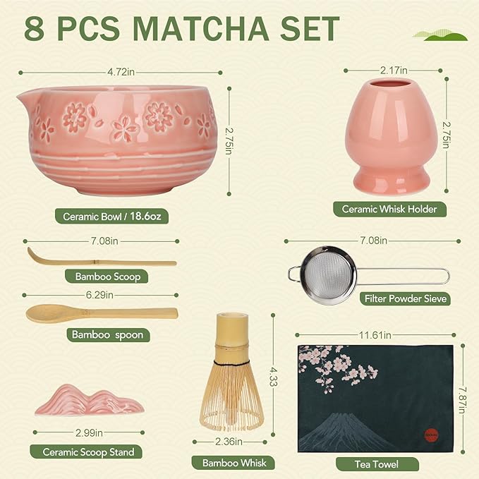 Matcha Whisk Set, Ceramic Bowl with Spout, Bamboo Matcha Whisk & Spoon, Chasen Holder, Scoop Rest, Sifter, 8-Pcs Japanese Ceremony Matcha Powder Kit–Valentine's Day Gift for Women-Pink