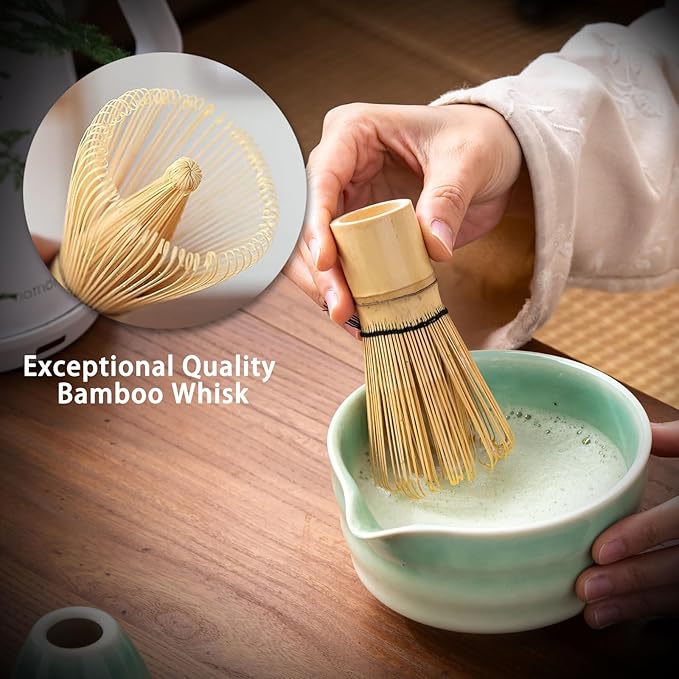 Japanese Matcha Set, Matcha Bowl with Spout, Matcha Whisk and Holder, Bamboo Matcha Scoop and Stainless Steel Sifter - 5 Pcs Gradient Green Matcha Kit for Matcha Lover