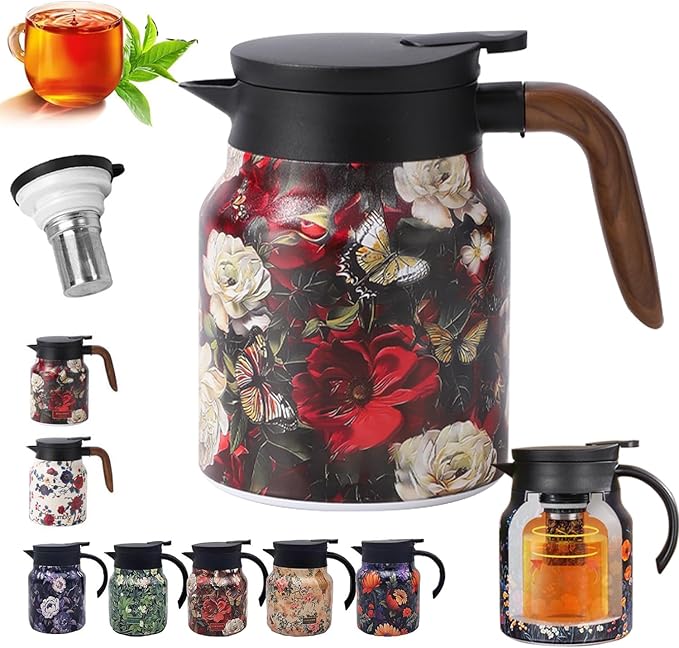 Insulated Tea Pots,Vintage Floral Pattern Tea Pot-Built-in Infuser,Colorful Vintage Floral Pattern Teas,Stainless Steel Teapot 1000mL with Lid for Hot Drinks,Red(Wooden Handle,35OZ)