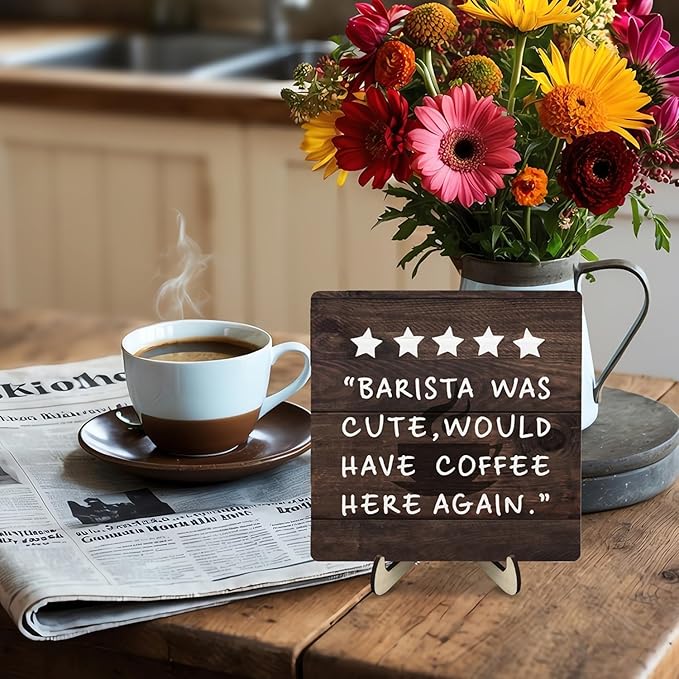 Coffee Bar Sign Plaque Decor,Coffee Bar Accessories,Rustic Wooden Tabletop Plaque with Stand, Minimalist Farmhouse Kitchen Counter Sign,Cute Mini Café Bar Decor Gift 5.9x5.9Inch